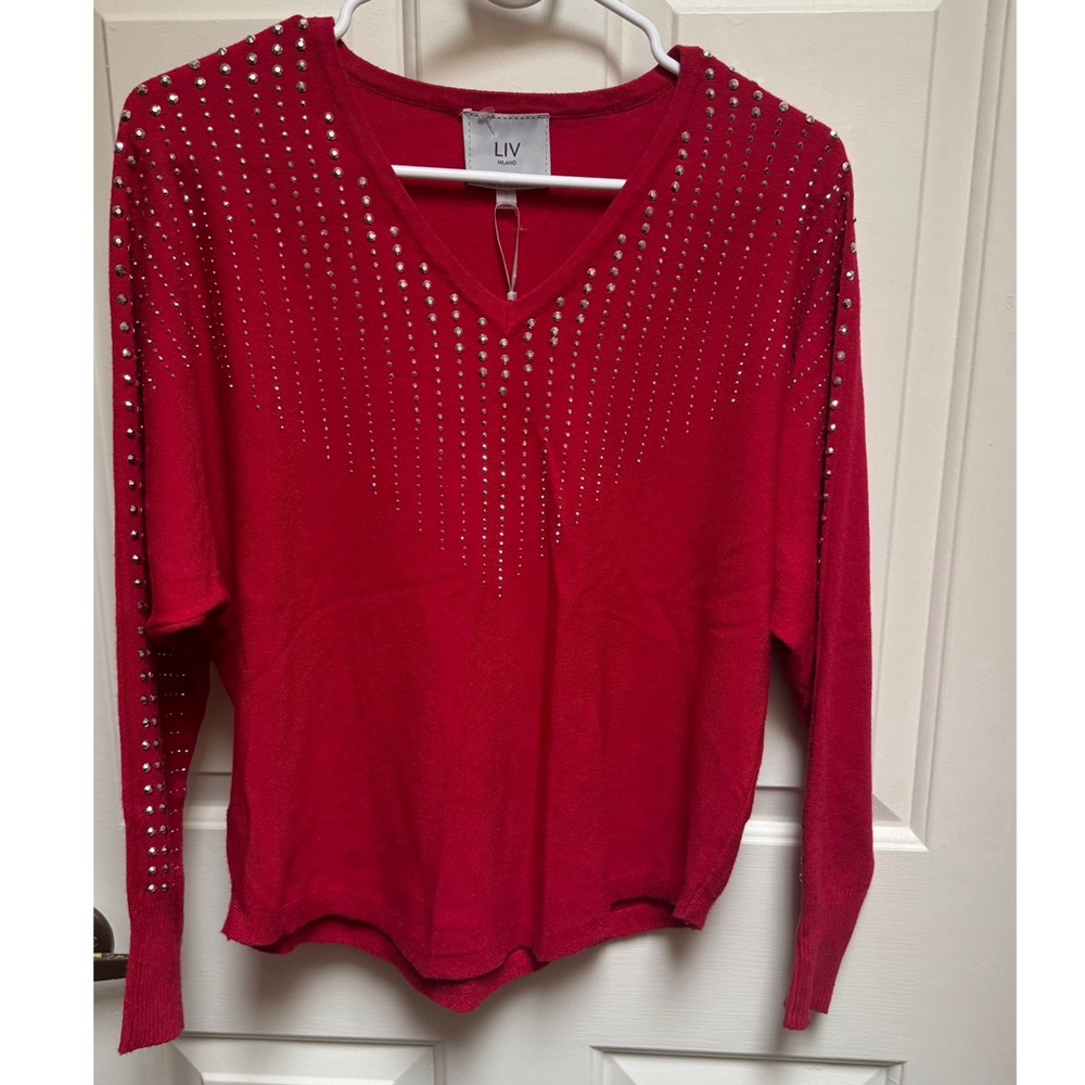 LIV MILANO NWT Embellished Red V-neck Sweater women's Small
